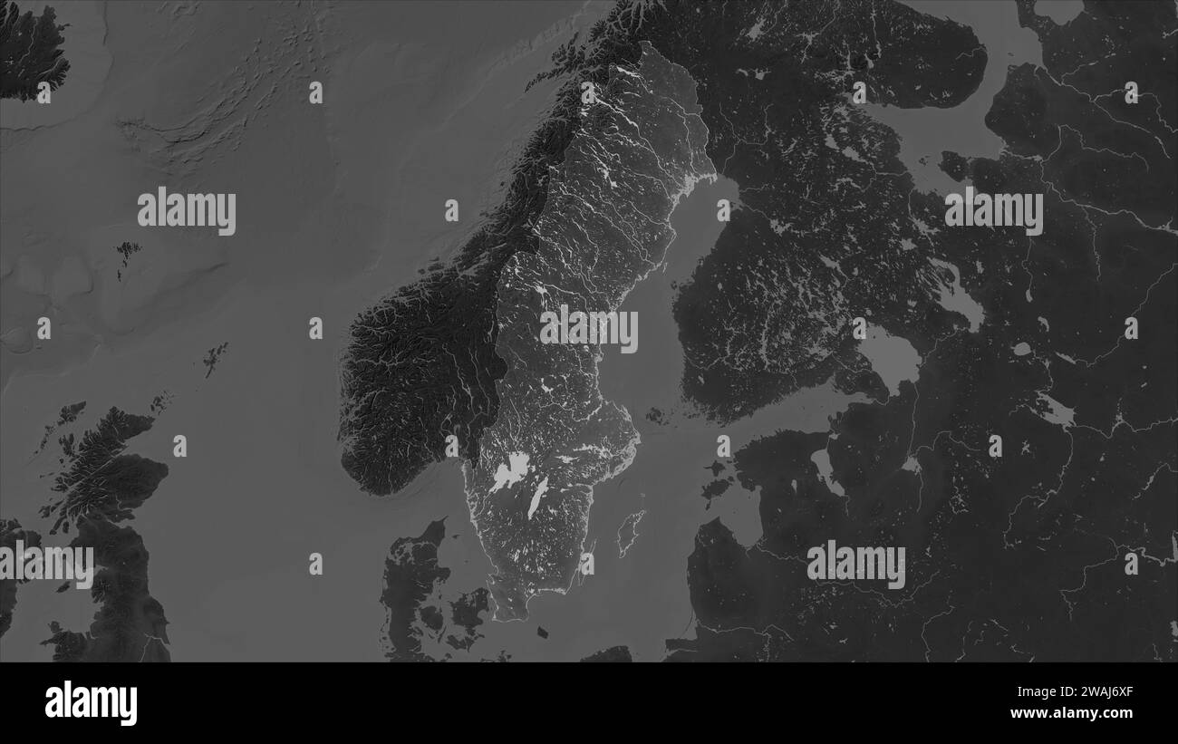 La Svezia è evidenziata su una mappa di elevazione in scala di grigi con laghi e fiumi Foto Stock
