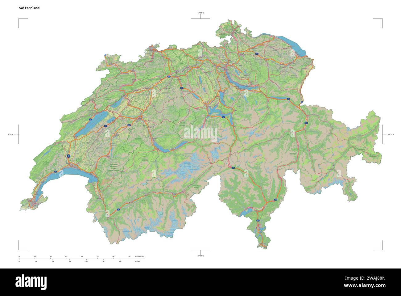 Forma di una mappa topografica in stile OSM Germania della Svizzera, con scala di distanza e coordinate di confine della mappa, isolata su bianco Foto Stock