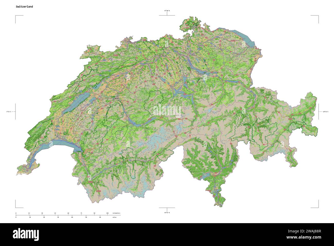 Forma di una mappa topografica in stile OSM Francia della Svizzera, con scala di distanza e coordinate di confine della mappa, isolata su bianco Foto Stock