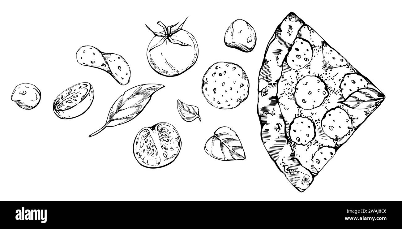 Illustrazione a inchiostro vettoriale disegnata a mano. Fetta di pizza con peperoni, mozzarella di pomodoro e basilico, cucina italiana. Composizione isolata su bianco. Progettazione per Illustrazione Vettoriale