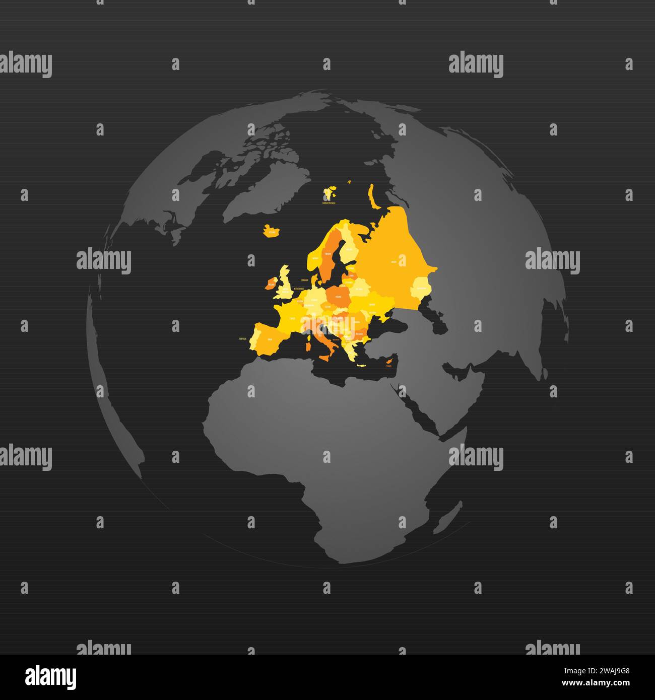 Carta politica dell'Europa. Terra di colore giallo con etichette di nome paese su sfondo grigio scuro. Proiezione ortografica. Illustrazione vettoriale Illustrazione Vettoriale