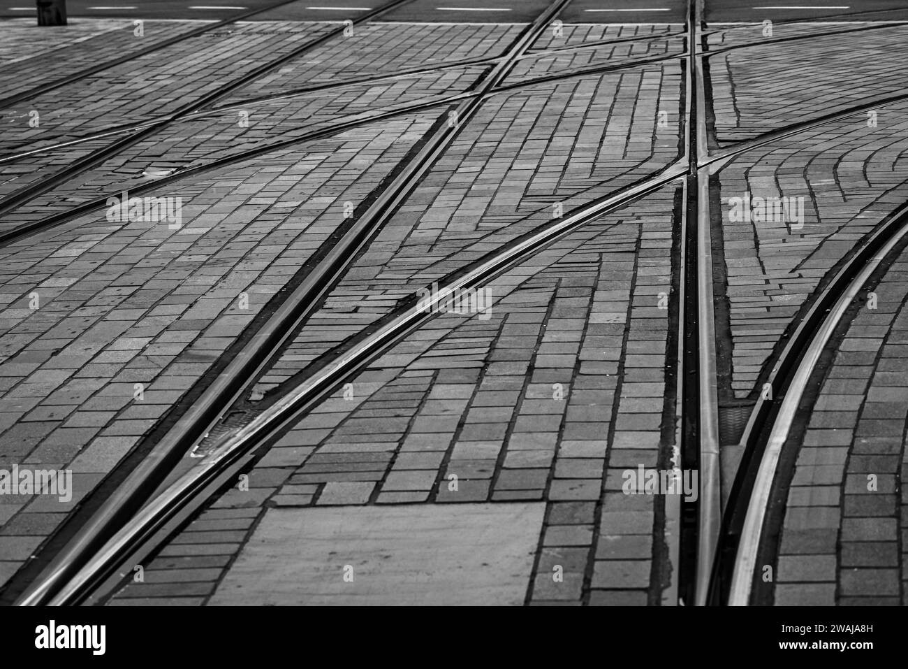Complessa rete di binari tranviari che attraversano strade acciottolate in bianco e nero, Rotterdam Foto Stock