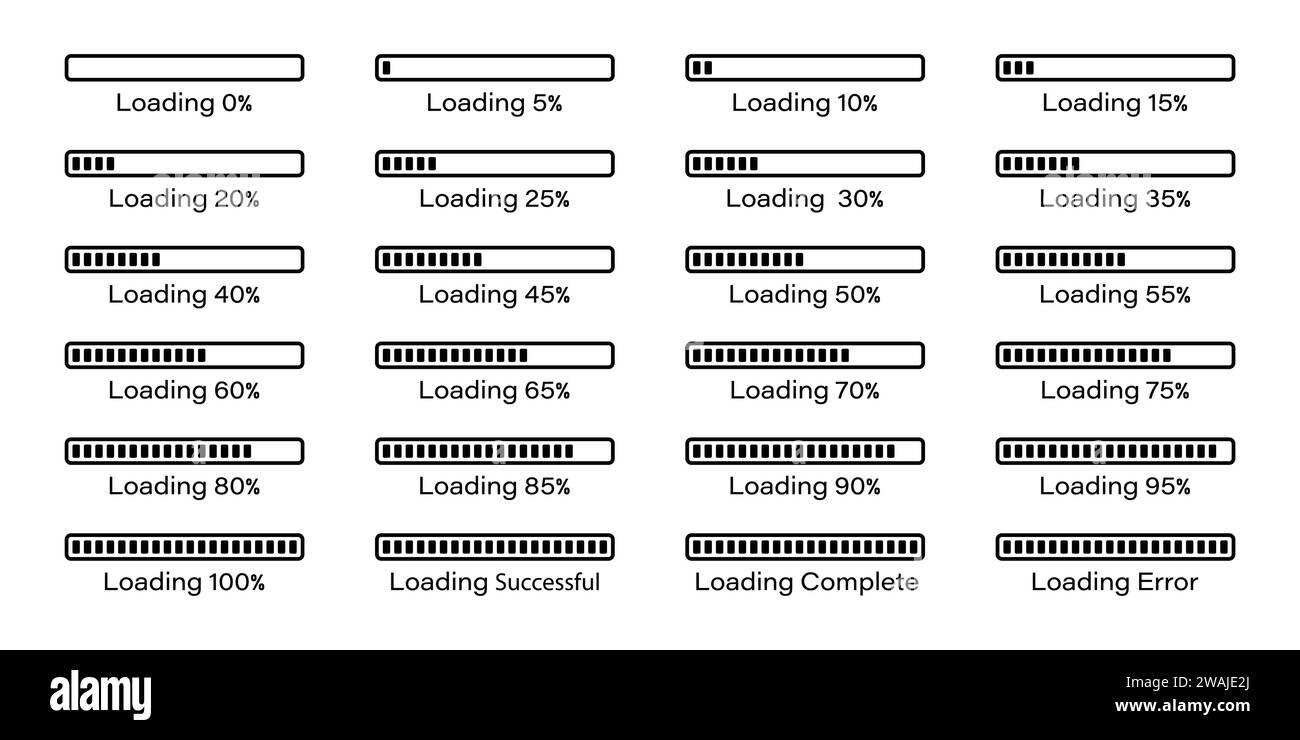 Percentuale di caricamento barra infografica impostata su 0-100% in colore nero. Caricamento percentuale barra rettangolare ed elaborazione della raccolta di simboli. Set di percentuale. Illustrazione Vettoriale