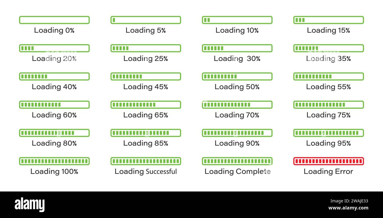 L'icona della barra di caricamento percentuale è impostata su 0-100% in verde. Caricamento percentuale barra rettangolare ed elaborazione della raccolta di simboli. Impostazione della barra percentuale. Illustrazione Vettoriale