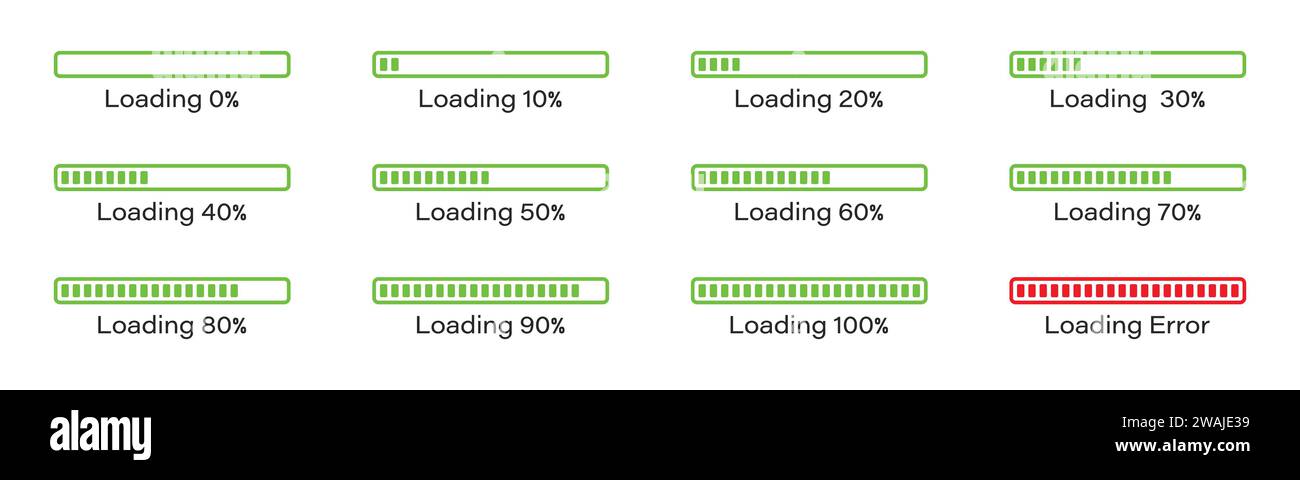 Icona infografica della barra di caricamento percentuale impostata 0-100% in verde. impostazione della barra di caricamento percentuale 10%, 20%, 70, 90%, 100% in colore verde. Illustrazione Vettoriale