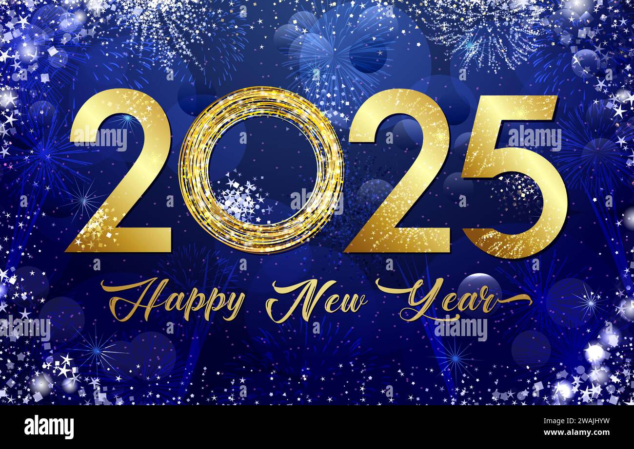 Buon design del biglietto d'auguri 2025. Saluti sui social network. Timeline post. Set di elementi grafici. Sfondo blu per le festività. Numero d'oro con decorativ Illustrazione Vettoriale
