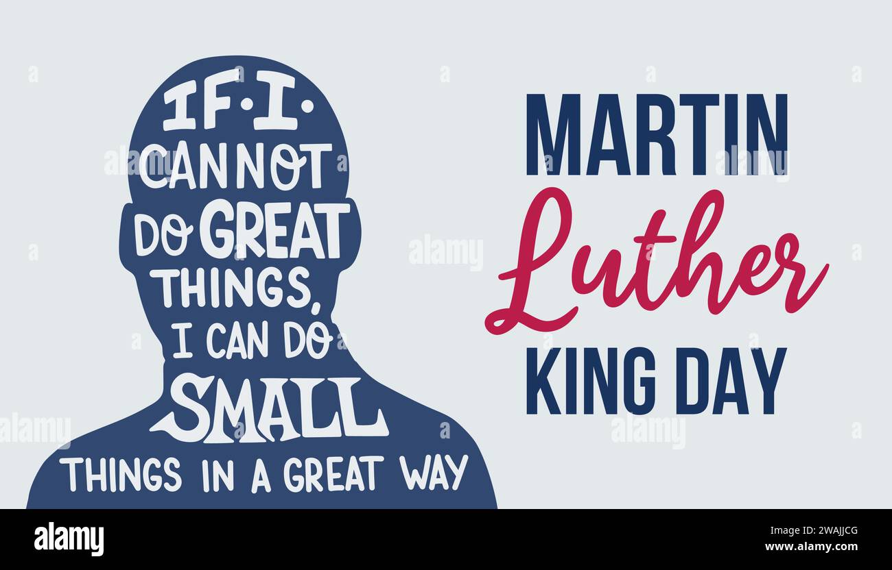 Martin Luther King Jr Disegno del biglietto d'auguri per la tipografia del giorno. Sfondo vettoriale grigio giorno MLK Illustrazione Vettoriale