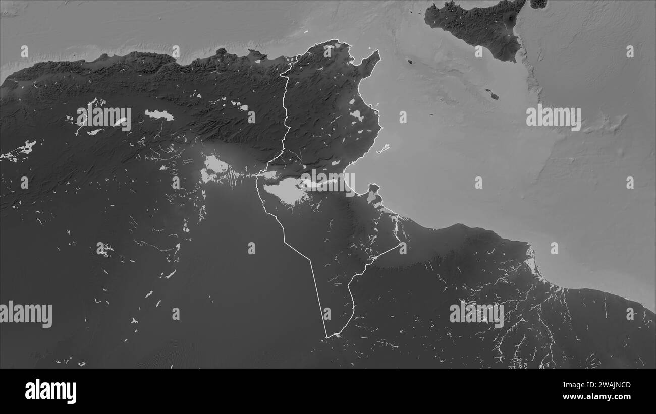 Tunisia delineata su una mappa di elevazione in scala di grigi con laghi e fiumi Foto Stock