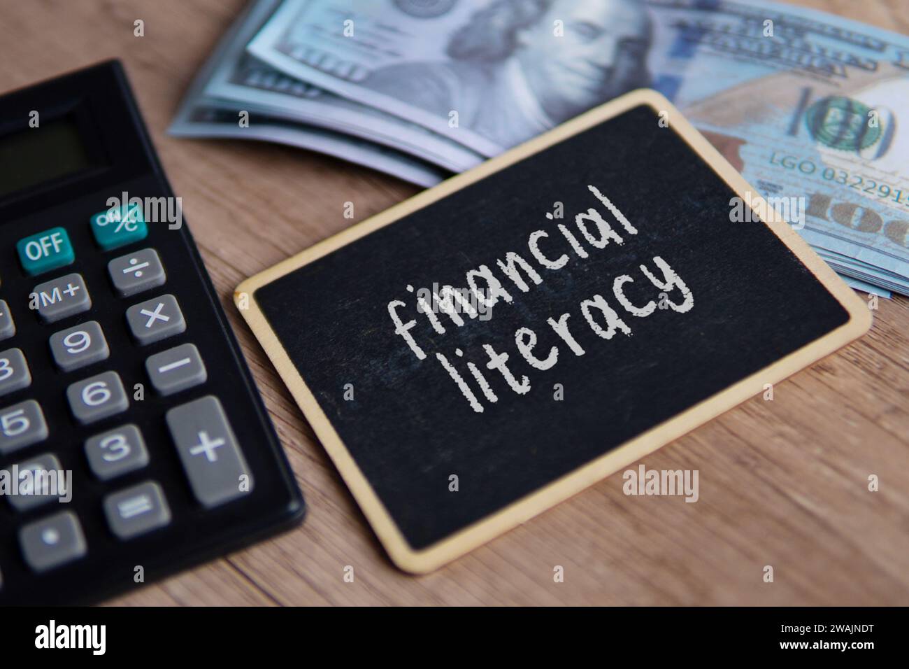 Immagine dall'alto di salvadanaio, calcolatore e denaro con ALFABETIZZAZIONE FINANZIARIA DEL testo. Foto Stock