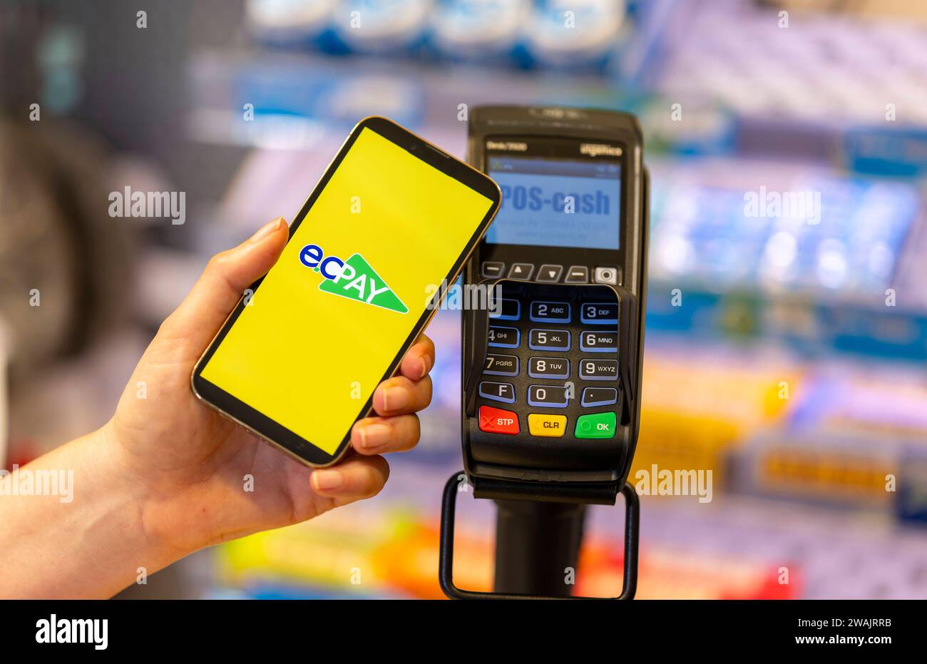 03.01.2024, Frau bezahlt mit smartphone mittels hinterlegter EC-Karte im Geschäft. EC-PAY Symbolbild 03.01.2024, Kartenzahlung 03.01.2024, Kartenzahlung *** 03 01 2024, la donna paga con smartphone utilizzando carta EC depositata in negozio simbolo EC PAY immagine 03 01 2024, pagamento con carta 03 01 2024, pagamento con carta Foto Stock