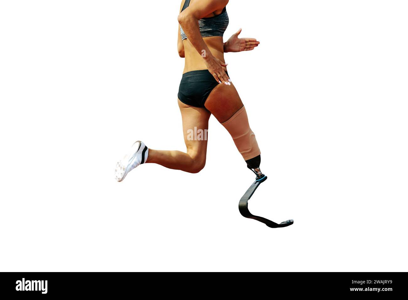atleta para femminile su protesi gamba corsa isolata su sfondo bianco, partite estive di atletica para Foto Stock