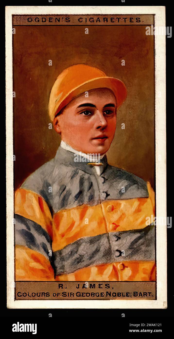 Jockey, R.James - illustrazione di carte di sigaretta d'epoca, corse ippiche Foto Stock