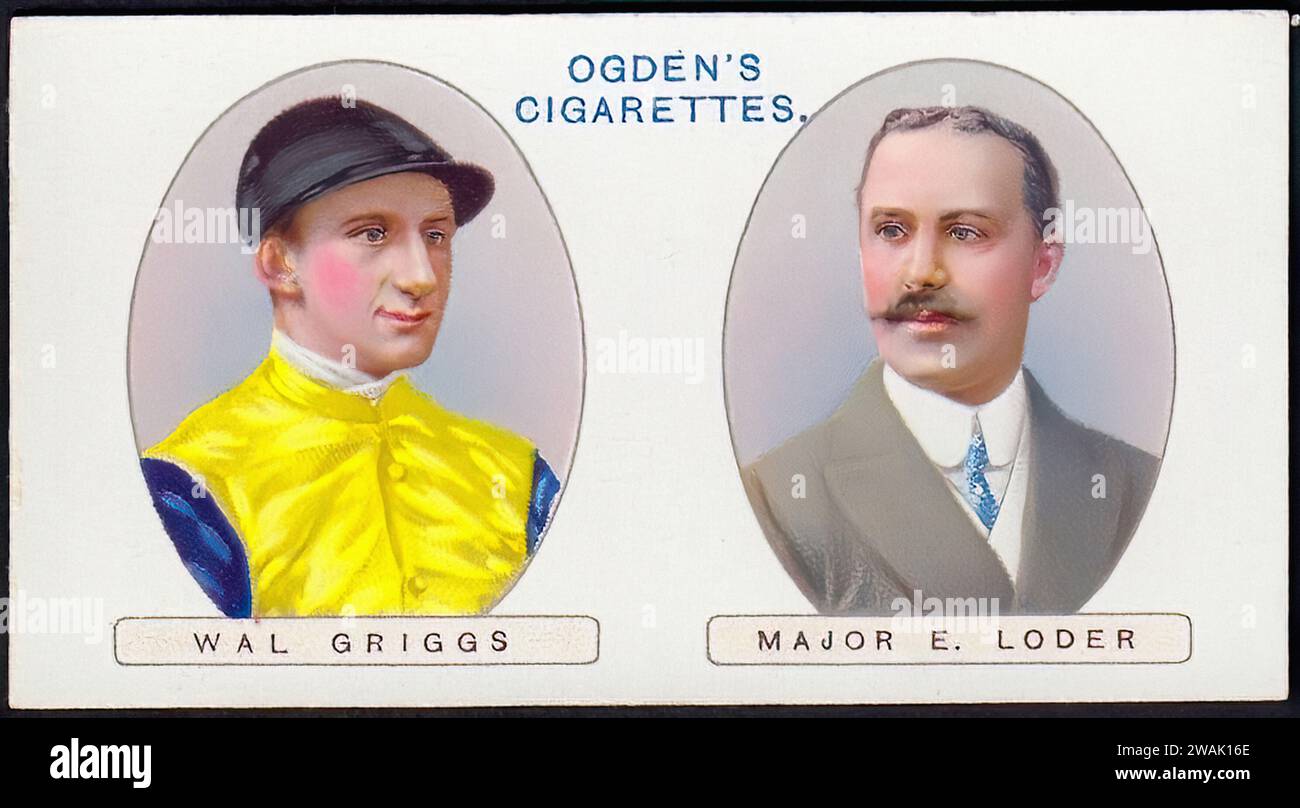 Major e Loder  Jockey Wal Griggs - illustrazione di carte di sigaretta d'epoca, corse ippiche Foto Stock