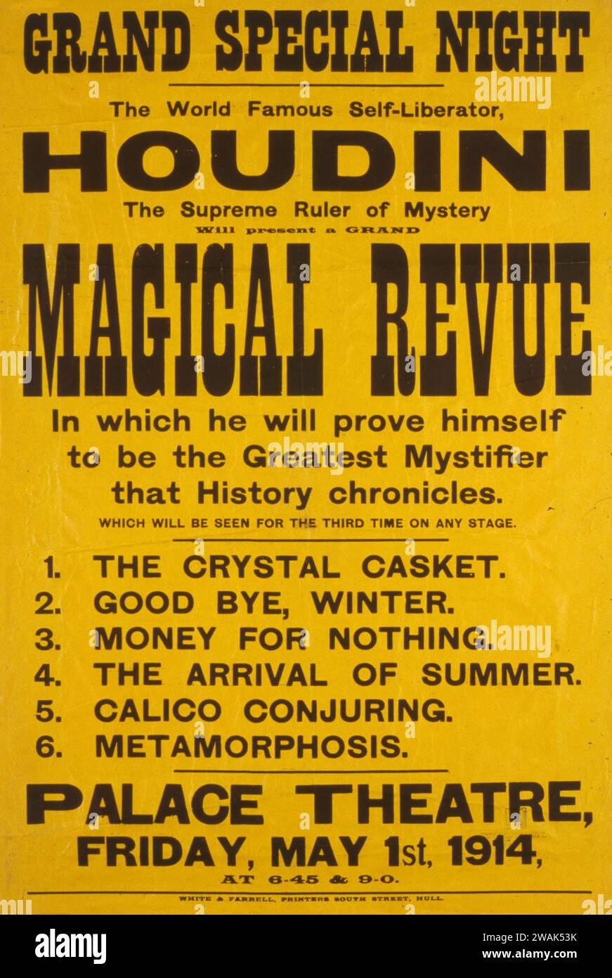 Palazzo Teatro Antico poster - grande notte speciale - Houdini famoso in tutto il mondo, il Supremo sovrano del mistero Magica Revue - 1914 Foto Stock