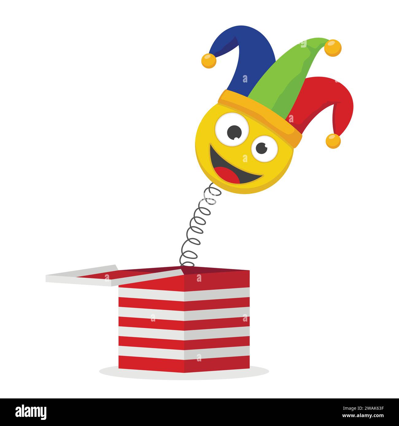 Jack nella scatola del giocattolo isolato su sfondo bianco. Cappello Jester e emoticon ridendo. Scherzo a sorpresa per April Fools Day. Illustrazione vettoriale Illustrazione Vettoriale