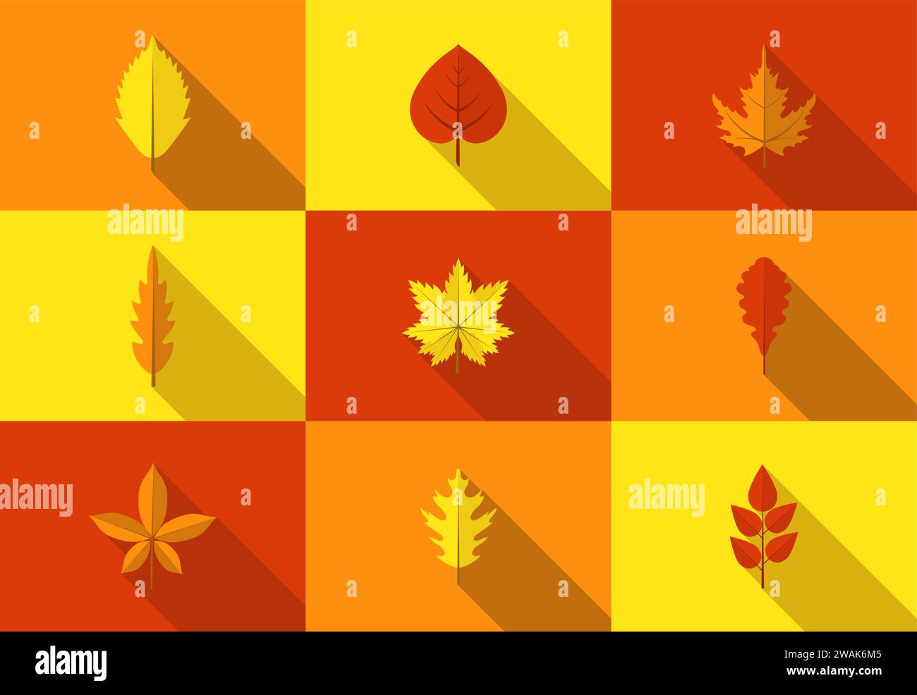 Set di icone colorate di foglie autunnali con lunghe ombre. Collezione di foglie autunnali in stile piatto. Illustrazione vettoriale. Illustrazione Vettoriale