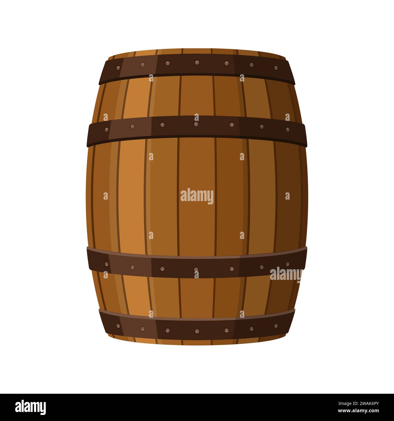 Barile di alcol, contenitore di bevande, barile di legno icona isolato su sfondo bianco. Barile per vino, rum, birra o polvere da sparo. Illustrazione vettoriale Illustrazione Vettoriale