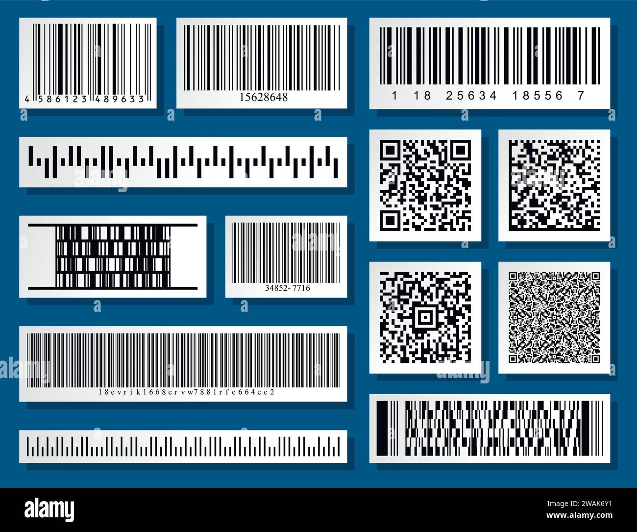 Set di raccolta codici a barre e codici QR. Codice a strisce nere per l'identificazione digitale. Informazioni sul codice vettoriale, QR, memorizzazione dei codici di scansione. Codifica industriale Illustrazione Vettoriale