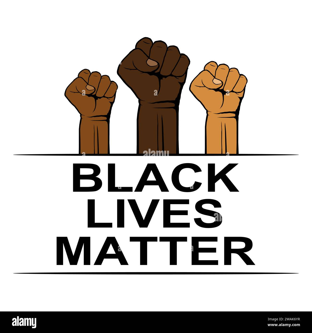 Black Lives Matter, poster con pugni per protesta, raduno o campagna di sensibilizzazione contro la discriminazione razziale del colore scuro della pelle. Contro la polizia brutale Illustrazione Vettoriale