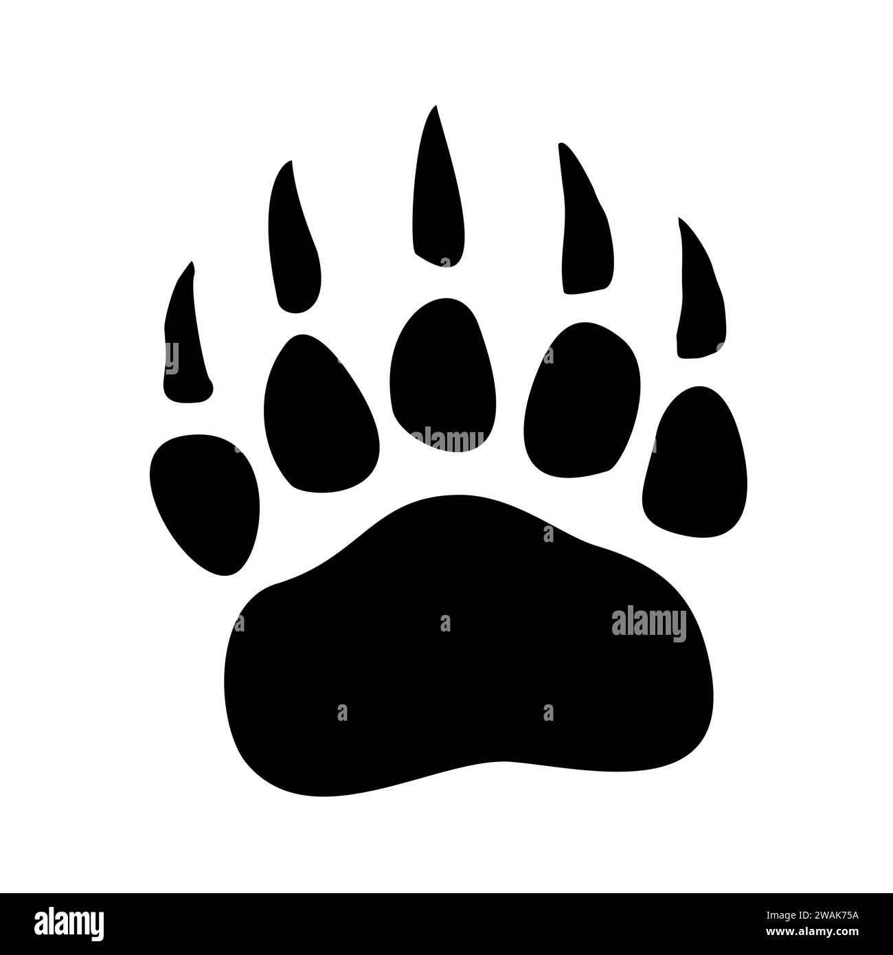 Icona di stampa della zampa dell'orso isolata su sfondo bianco. Simbolo dell'impronta animale, illustrazione vettoriale. Illustrazione Vettoriale
