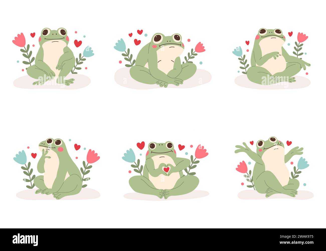 Collezione di simpatici personaggi delle rane per San Valentino. Buffo rana premurosa. Rospo verde in amore. Illustrazione Vettoriale
