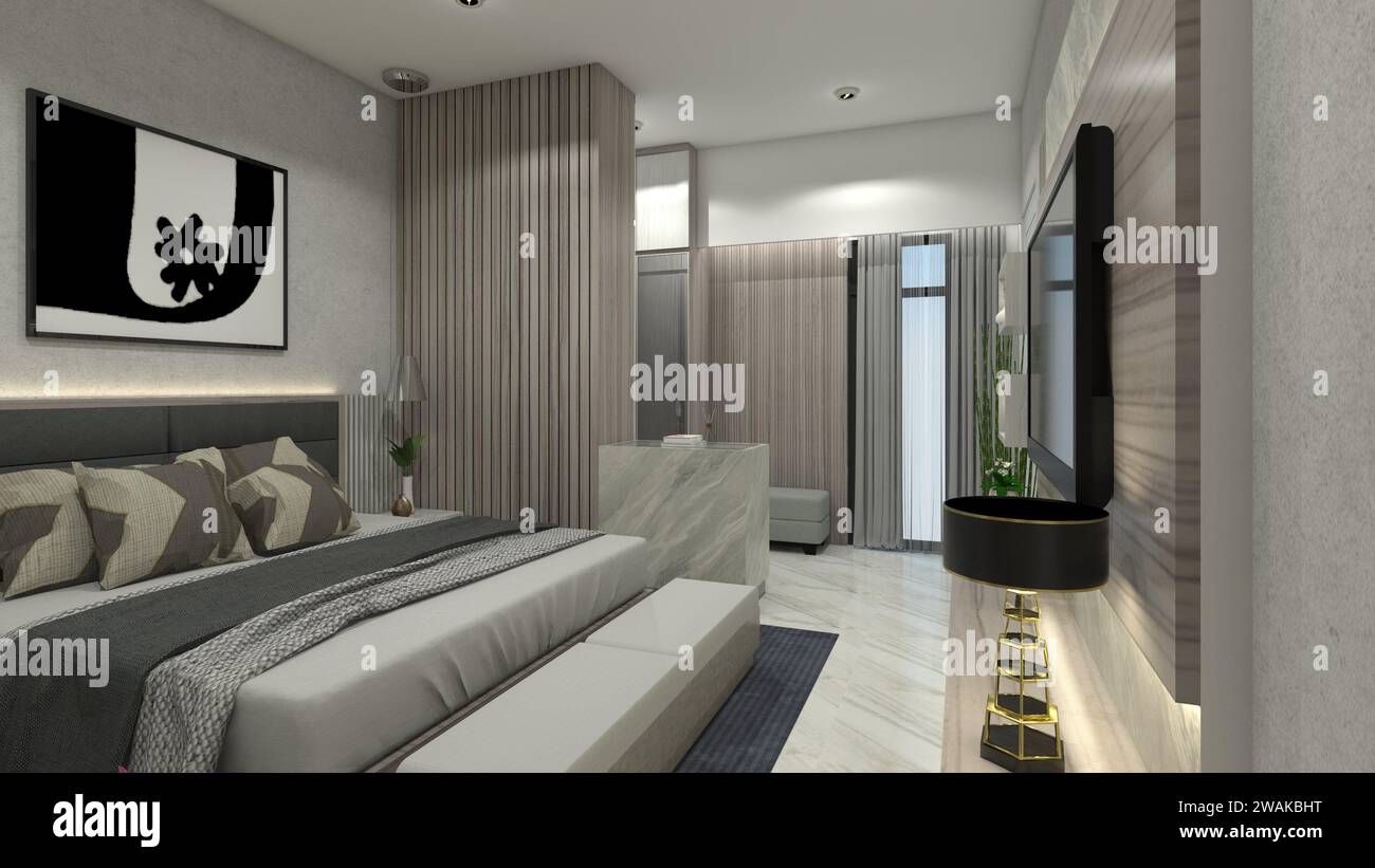 Moderna camera da letto con armadietto TV e sfondo a parete Foto Stock