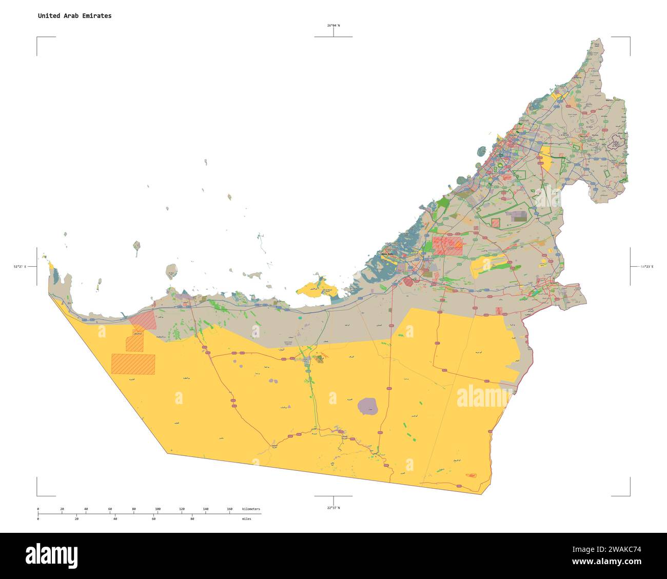 Forma di una mappa topografica in stile OSM France degli Emirati Arabi Uniti, con scala di distanza e coordinate di confine della mappa, isolata su bianco Foto Stock