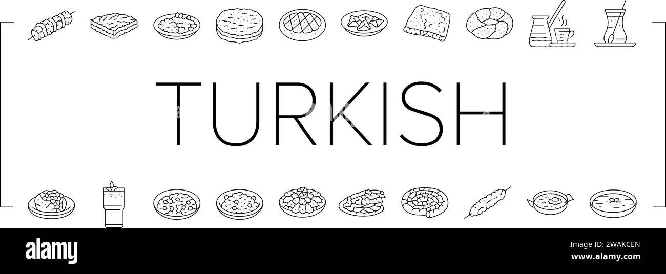 le icone dei pasti gastronomici della cucina turca sono vettoriali Illustrazione Vettoriale