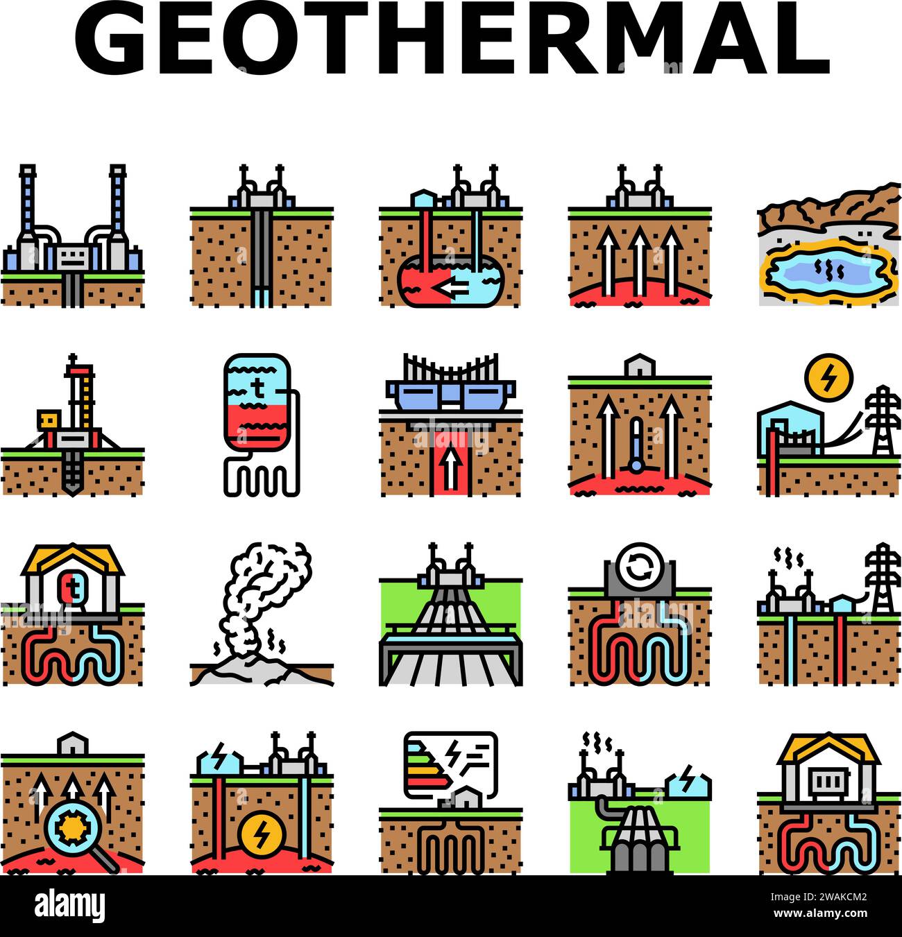 le icone della centrale di energia geotermica impostano il vettore Illustrazione Vettoriale