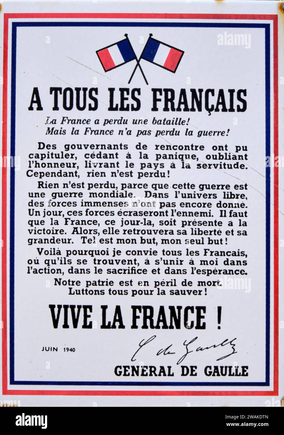 Francia, Manche, Sainte Mère-Eglise, Airborne Museum, dichiarazione del generale De Gaulle Foto Stock