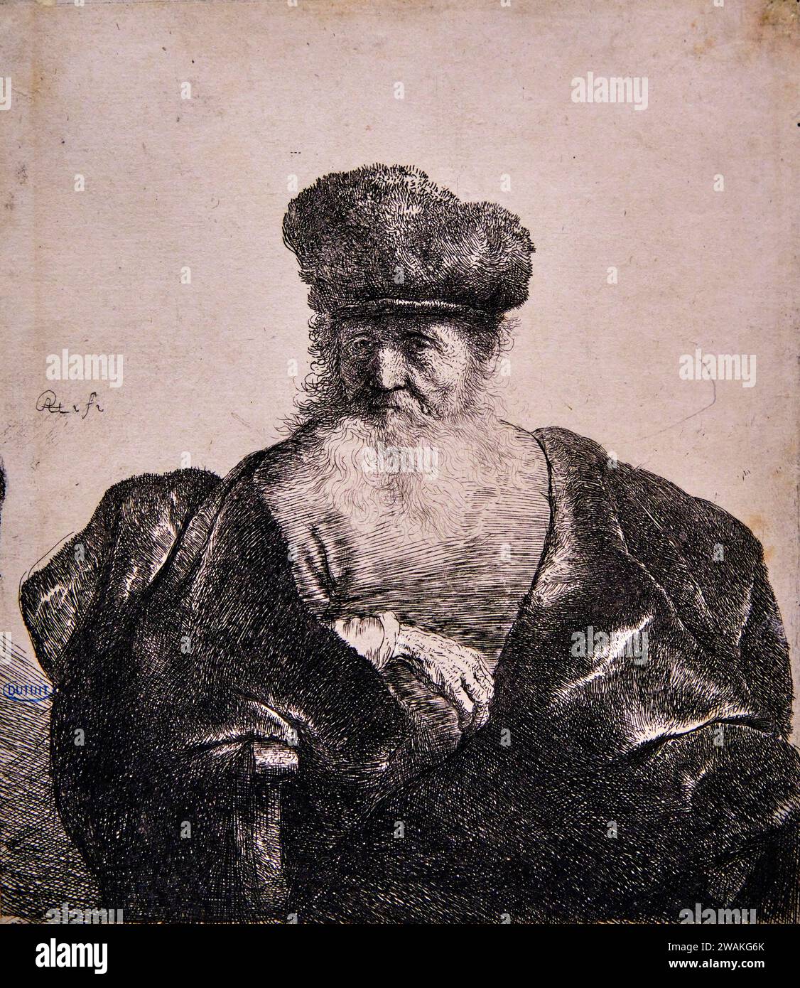 Rembrandt, mostra di incisione, Old man in a large black Velvet coat, 1631 Foto Stock