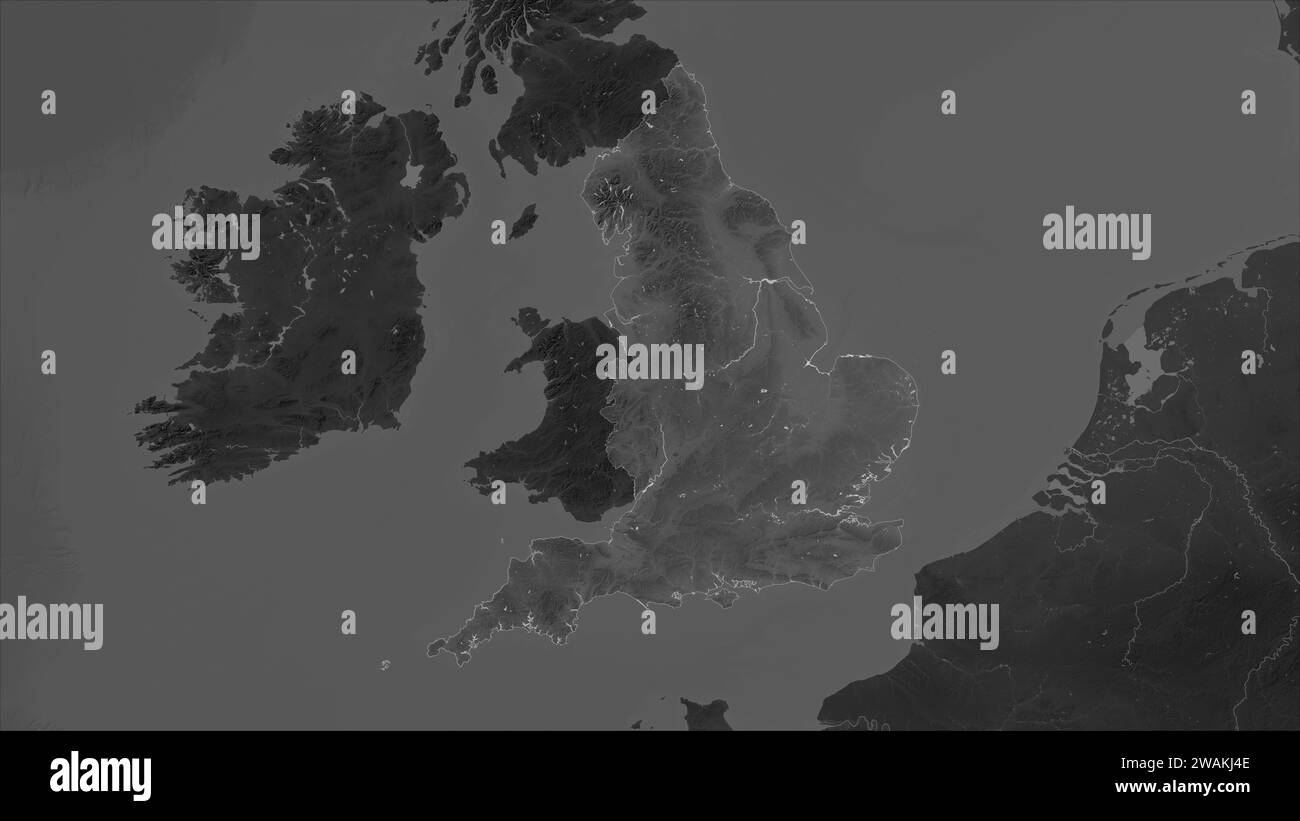 Inghilterra - Gran Bretagna evidenziata su una mappa di elevazione in scala di grigi con laghi e fiumi Foto Stock
