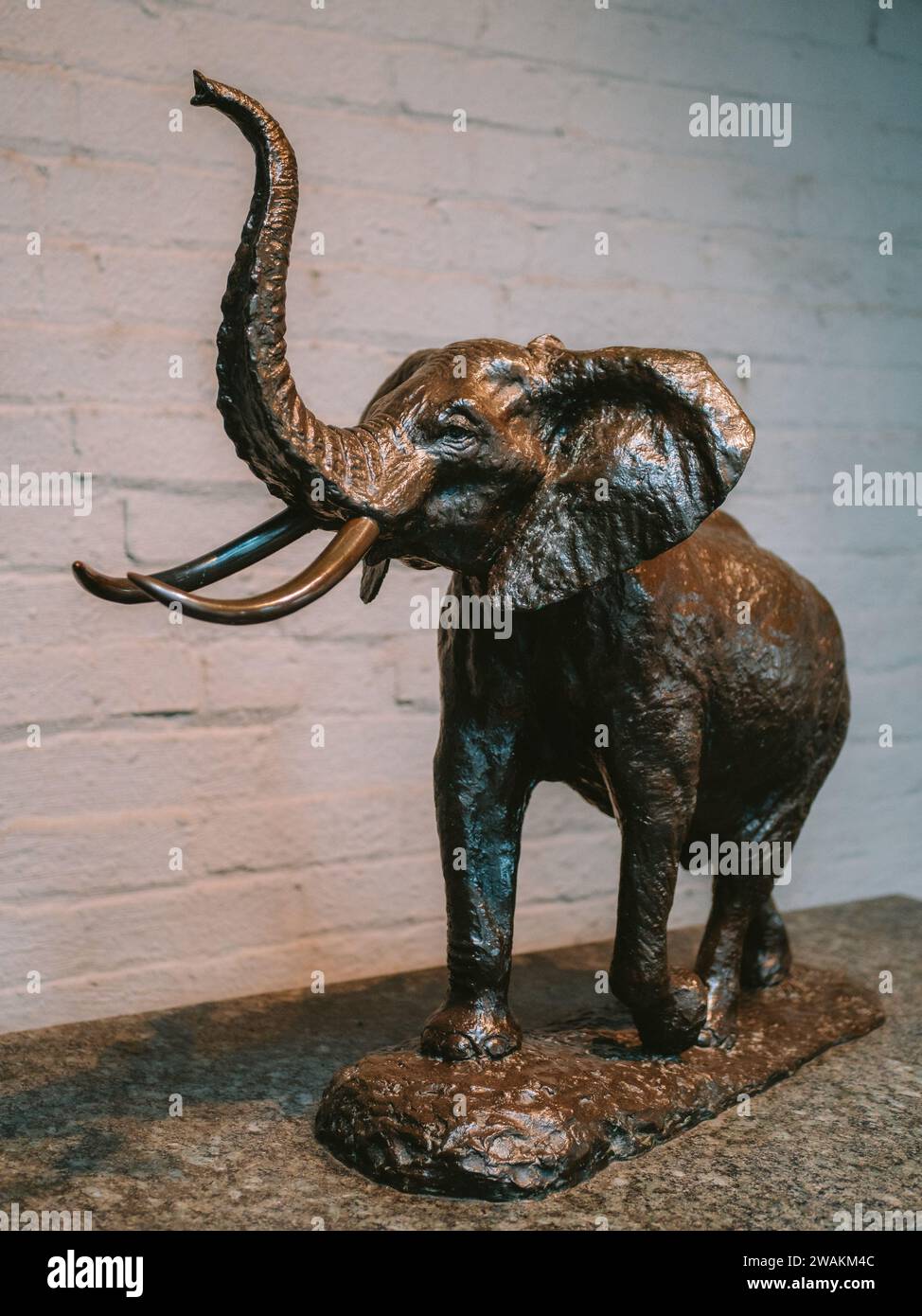 Una statua in bronzo di un maestoso elefante in piedi con il tronco sollevato. Foto Stock