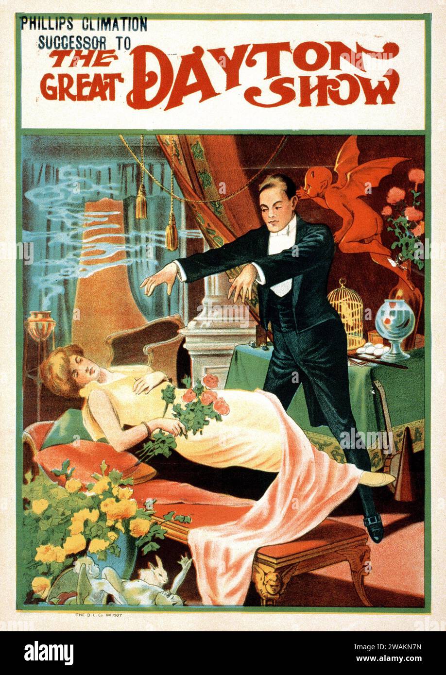 Phllips Climation, il successore del Great Dayton Show - poster dello spettacolo Magico con una signora galleggiante e demoni Foto Stock