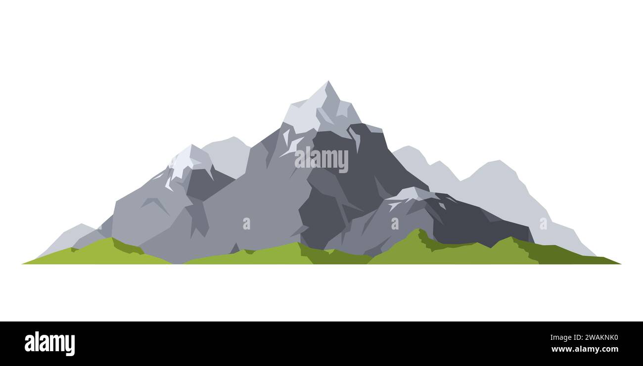 Montagna silhouette matura elemento neve esterna cime di ghiaccio isolato su sfondo bianco, campeggio paesaggio di viaggio arrampicata o escursioni geologia montagna. V Illustrazione Vettoriale