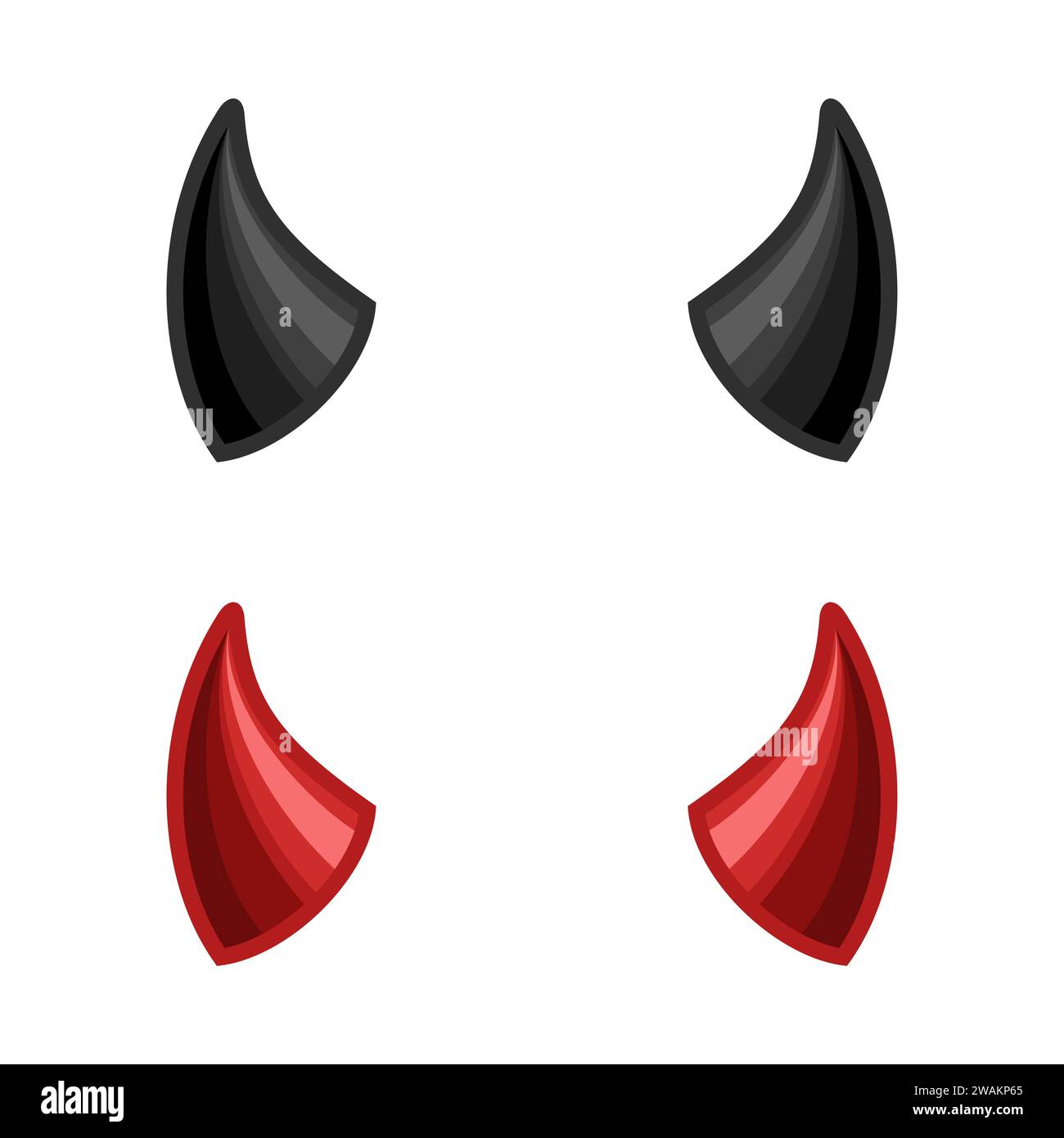 Corna del diavolo isolate su sfondo bianco, icona di corno satana demonio rosso e nero. Simbolo del mostro. Illustrazione vettoriale. Illustrazione Vettoriale