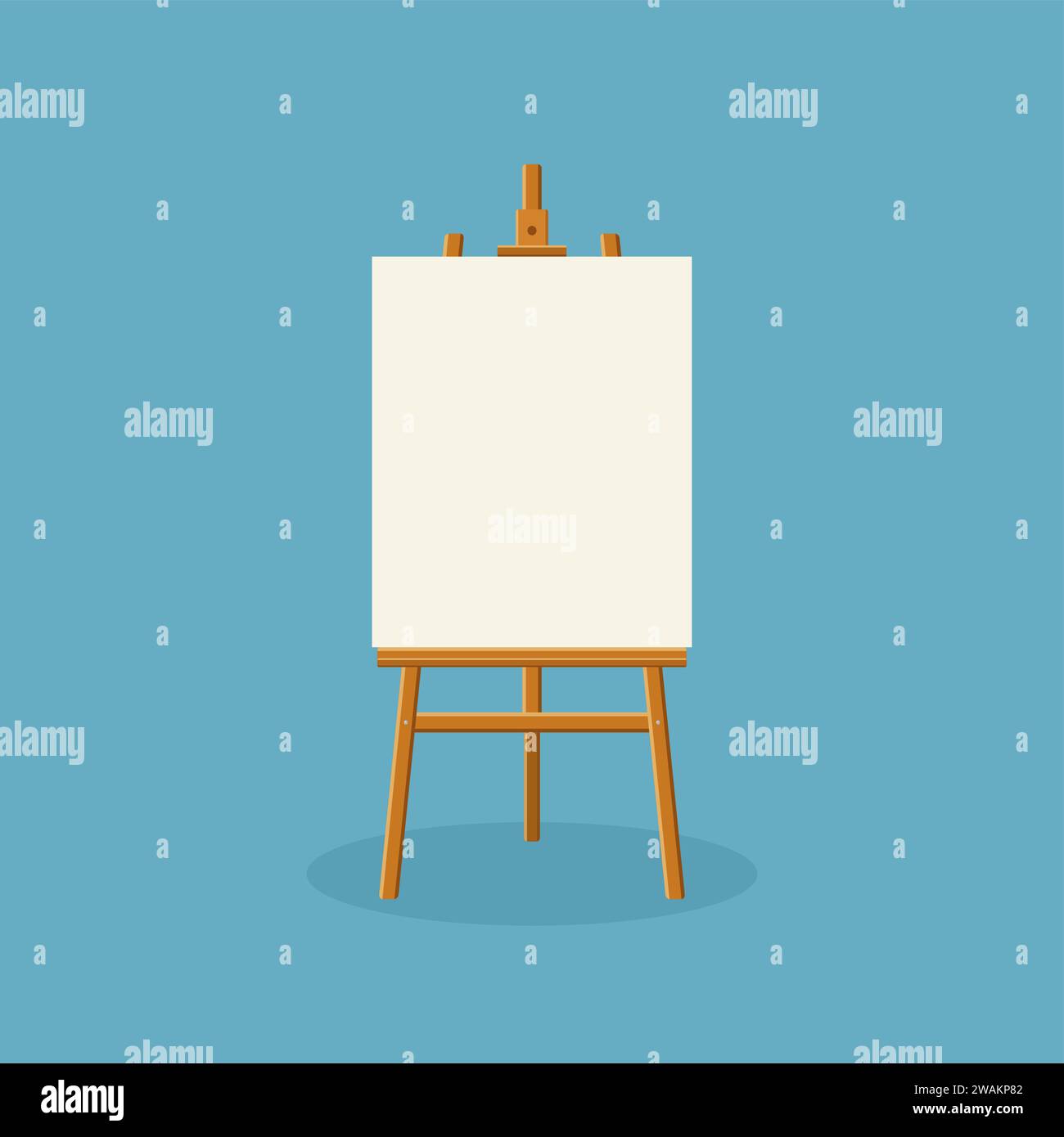 Cavalletto in legno o tavola da pittura con tela bianca su sfondo blu. Cavalletto con fogli di carta. Mockup poster vuoto. Illustrazione vettoriale Illustrazione Vettoriale