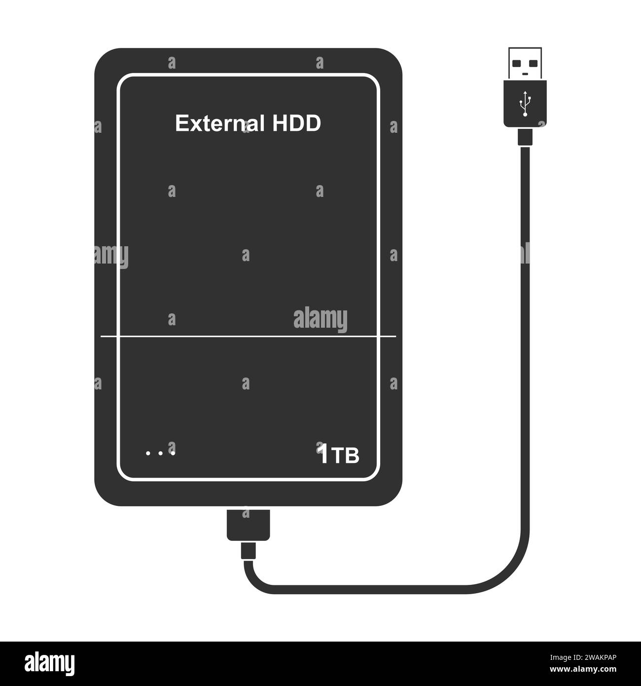 Icona dell'unità disco rigido esterna con cavo USB isolato su sfondo scuro. HDD esterno portatile. Illustrazione del vettore dell'unità di memoria Illustrazione Vettoriale