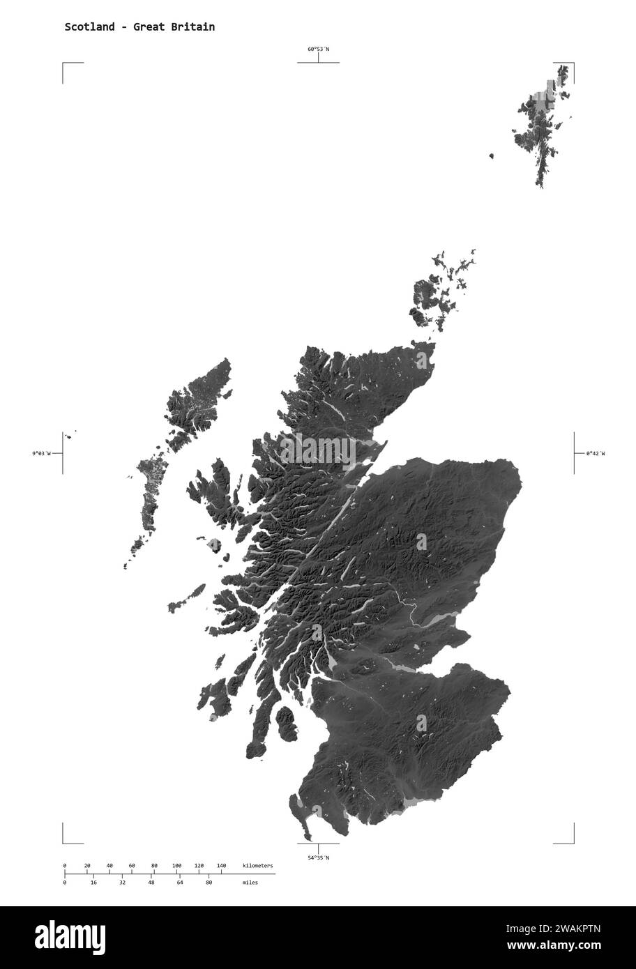 Forma di una mappa di elevazione in scala di grigi con laghi e fiumi della Scozia - Gran Bretagna, con scala di distanza e coordinate di confine della mappa, isolati Foto Stock
