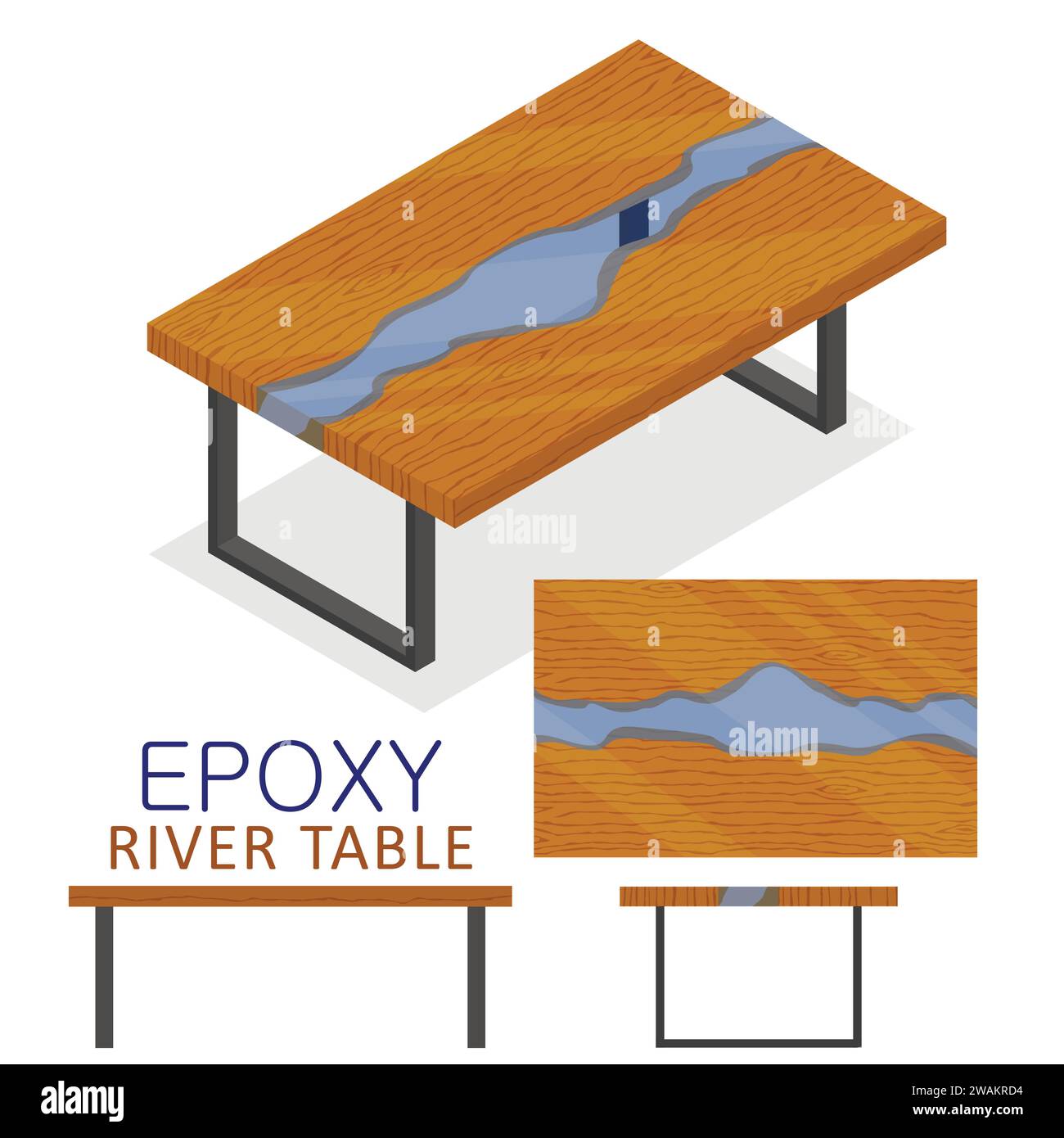 Portabagagli in legno e resina epossidica trasparente. Mobili da tavolo Isometric Epoxy River in stile loft isolato su sfondo bianco. Illustrazione vettoriale Illustrazione Vettoriale