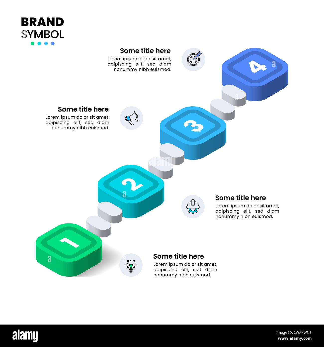 Modello infografico con icone e 4 opzioni o passaggi. Scala isometrica. Può essere utilizzato per layout del flusso di lavoro, diagrammi, webdesign. Illustrazione vettoriale Illustrazione Vettoriale