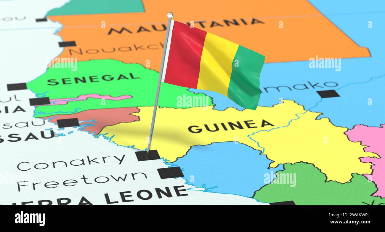 Guinea, Conakry - bandiera nazionale fissata sulla mappa politica - illustrazione 3D. Foto Stock