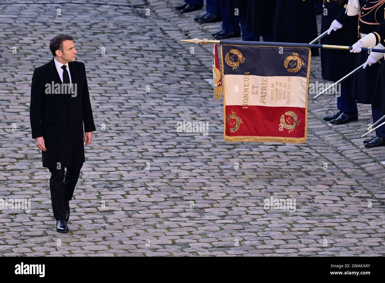 Parigi, Francia. 5 gennaio 2024. Julien Mattia/le Pictorium - omaggio nazionale a Jacques Delors a Les Invalides - 05/01/2024 - Francia/Ile-de-France (regione)/Parigi - il Presidente Emmanuel Macron rende omaggio a Jacques Delors all'Hotel National des Invalides, Parigi, 5 gennaio 2024 credito: LE PICTORIUM/Alamy Live News Foto Stock