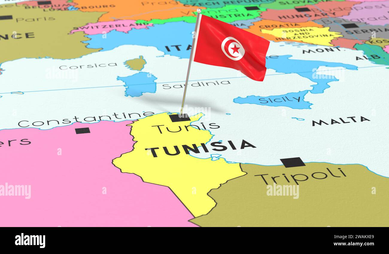 Tunisia, Tunisi - bandiera nazionale fissata sulla mappa politica - illustrazione 3D. Foto Stock