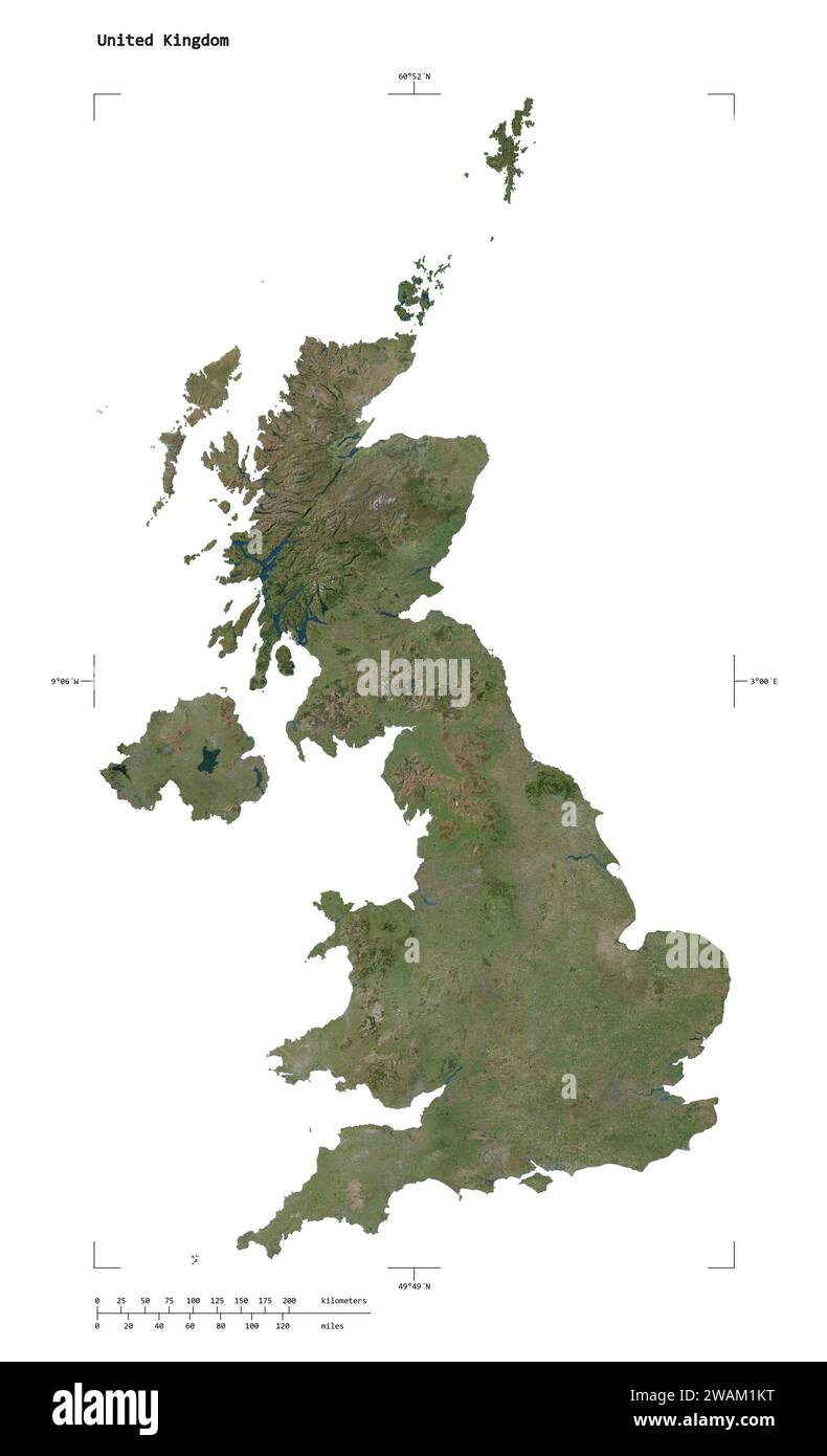 Forma di una mappa satellitare ad alta risoluzione del Regno Unito, con scala di distanza e coordinate di confine della mappa, isolata su bianco Foto Stock