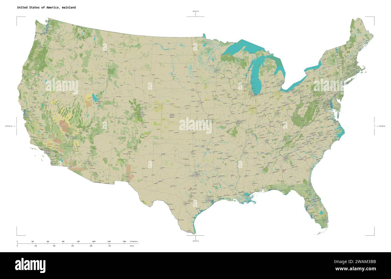 Forma di una mappa topografica in stile umanitario OSM degli Stati Uniti d'America, continentale, con scala di distanza e coordinate di confine della mappa, isolata Foto Stock