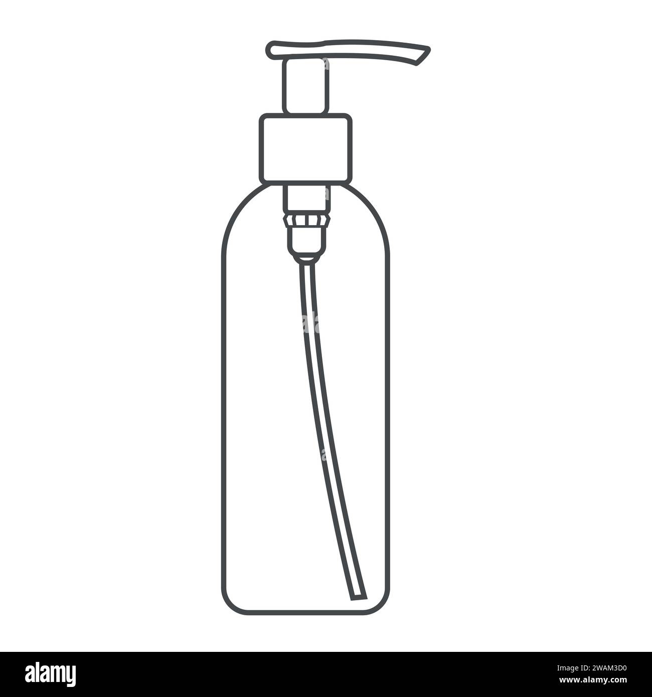 Icona della linea del flacone della pompa in plastica. Flacone dispenser per prodotti cosmetici. Contorno contenitore cosmetico. Illustrazione vettoriale Illustrazione Vettoriale