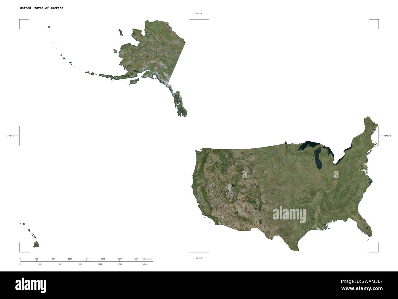 Forma di una mappa satellitare ad alta risoluzione degli Stati Uniti d'America, con scala di distanza e coordinate di confine della mappa, isolata su bianco Foto Stock