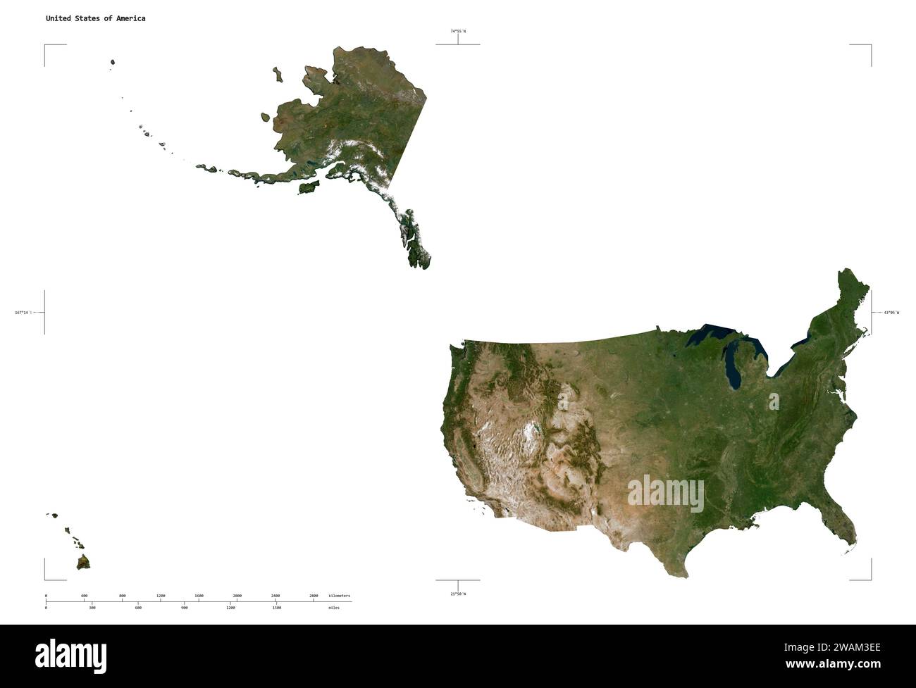 Forma di una mappa satellitare a bassa risoluzione degli Stati Uniti d'America, con scala di distanza e coordinate di confine della mappa, isolata su bianco Foto Stock