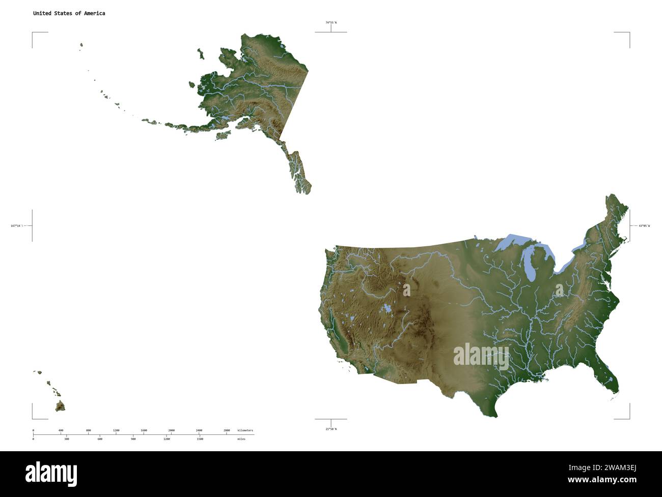Forma di una mappa di elevazione colorata pale con laghi e fiumi degli Stati Uniti d'America, con scala di distanza e coordinate di confine della mappa, isolati Foto Stock